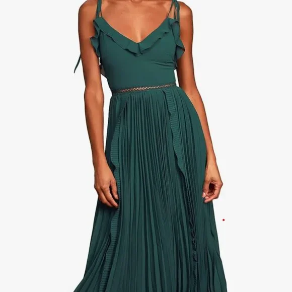 Emerald Green Tie-Strap Pleated Midi Dress | Womens | Small (Available in M, L) | 100% Polyester | Lulus